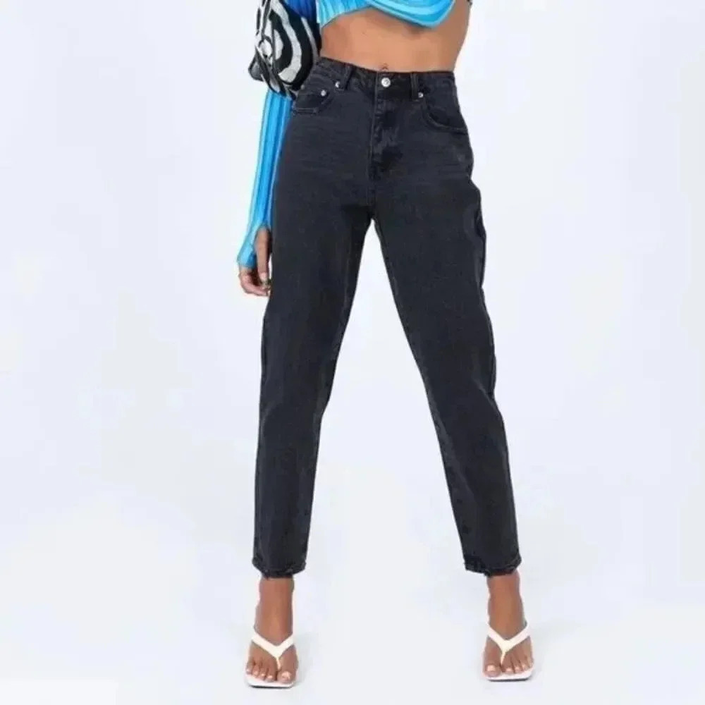 Princess Polly Zaiden Straight Leg Jeans Washed Black Denim US Size 6